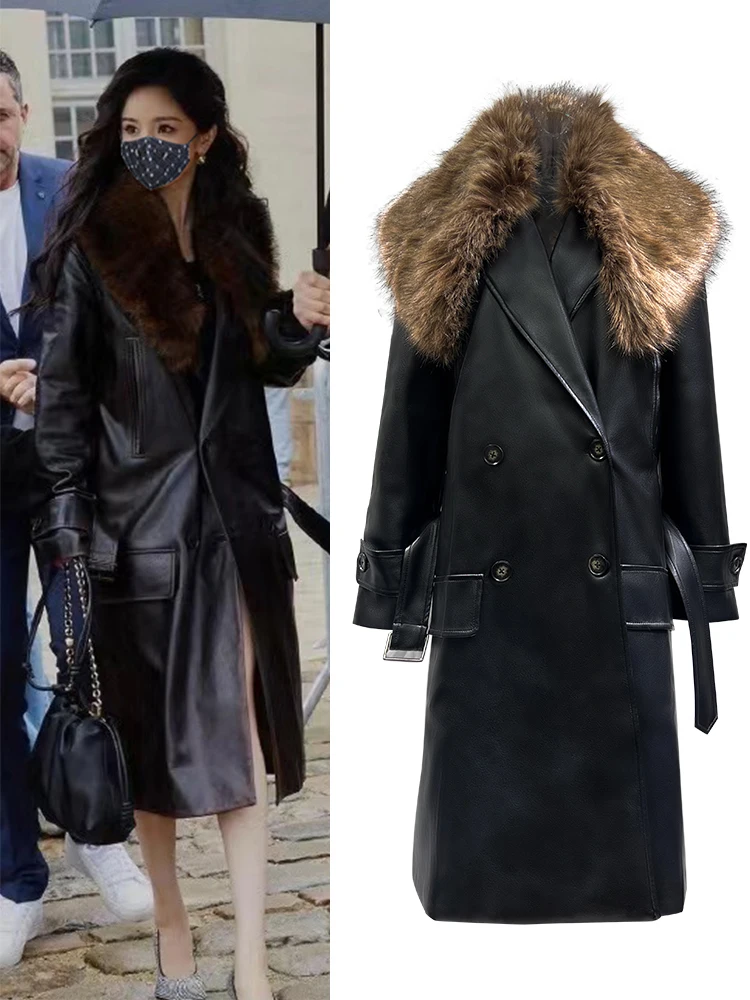 

Black PU Leather Jacket Women's Loose Belted Coat Casual Elegant Mid-Length Suiting Commute Style Long Sleeve Single Button