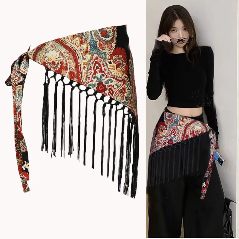 

Богемная этническая юбка-корсет в стиле джаз с широким поясом, многослойная, до колен, с треугольным шарфом-накидкой для женщин