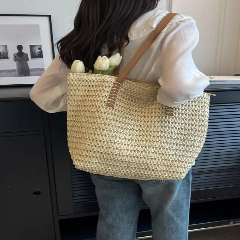 1 Stück Böhmische Sommermode Stroh-Strandtasche Handgewebte Damen-Schulterhandtasche Reise-Shopper Gewebte Einkaufstaschen – Detail 6