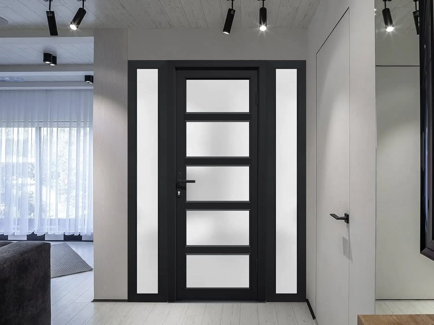 Vdomdoors-puerta frontal Exterior precolgada de Metal-plástico, vidrio esmerilado/Manux 8002 negro mate/2 ventanas laterales/Oficina Comercial y