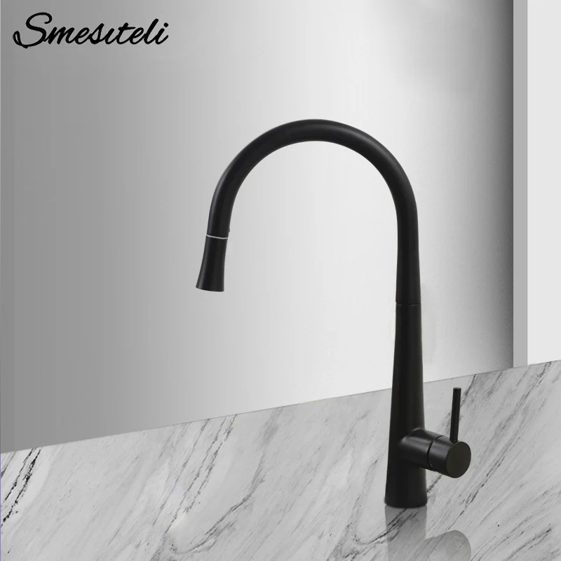 

Smesiteli, твердый латунный матовый черный поворотный на 360 градусов кухонный смеситель, выдвижной распылитель, смеситель для раковины для стирки, гарантия 10 лет
