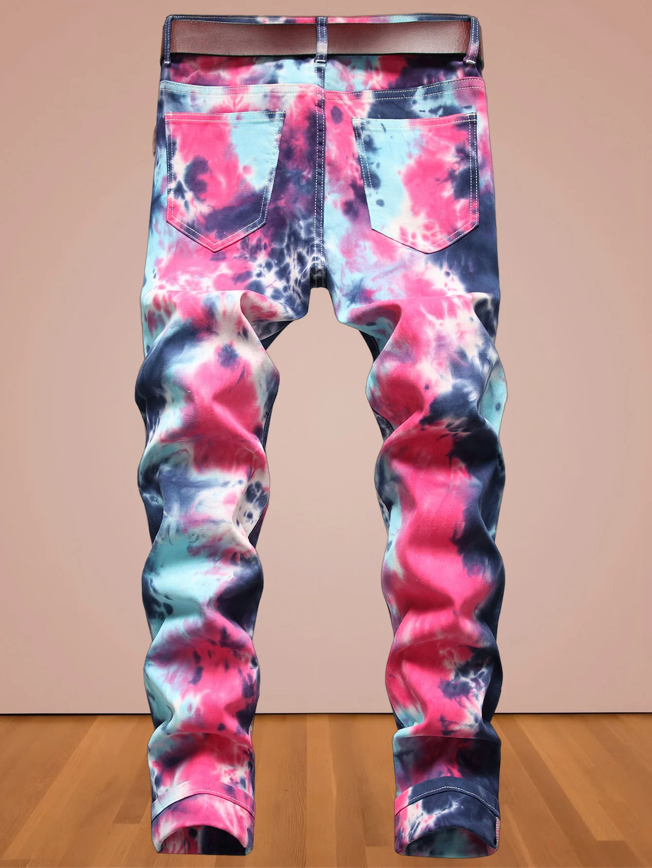 Europe and America wind new men's high street jeans tie-dyed red and blue contrast elastic street motorcycle youth fashion casua - Image 2