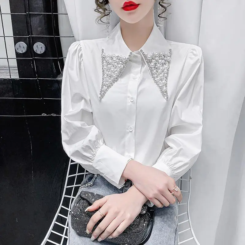 Women Embroidered Flares Beads Chic Luxury Design Elegant Blouses Fashion White Office Lady Business Casual Puff Sleeve Shirts