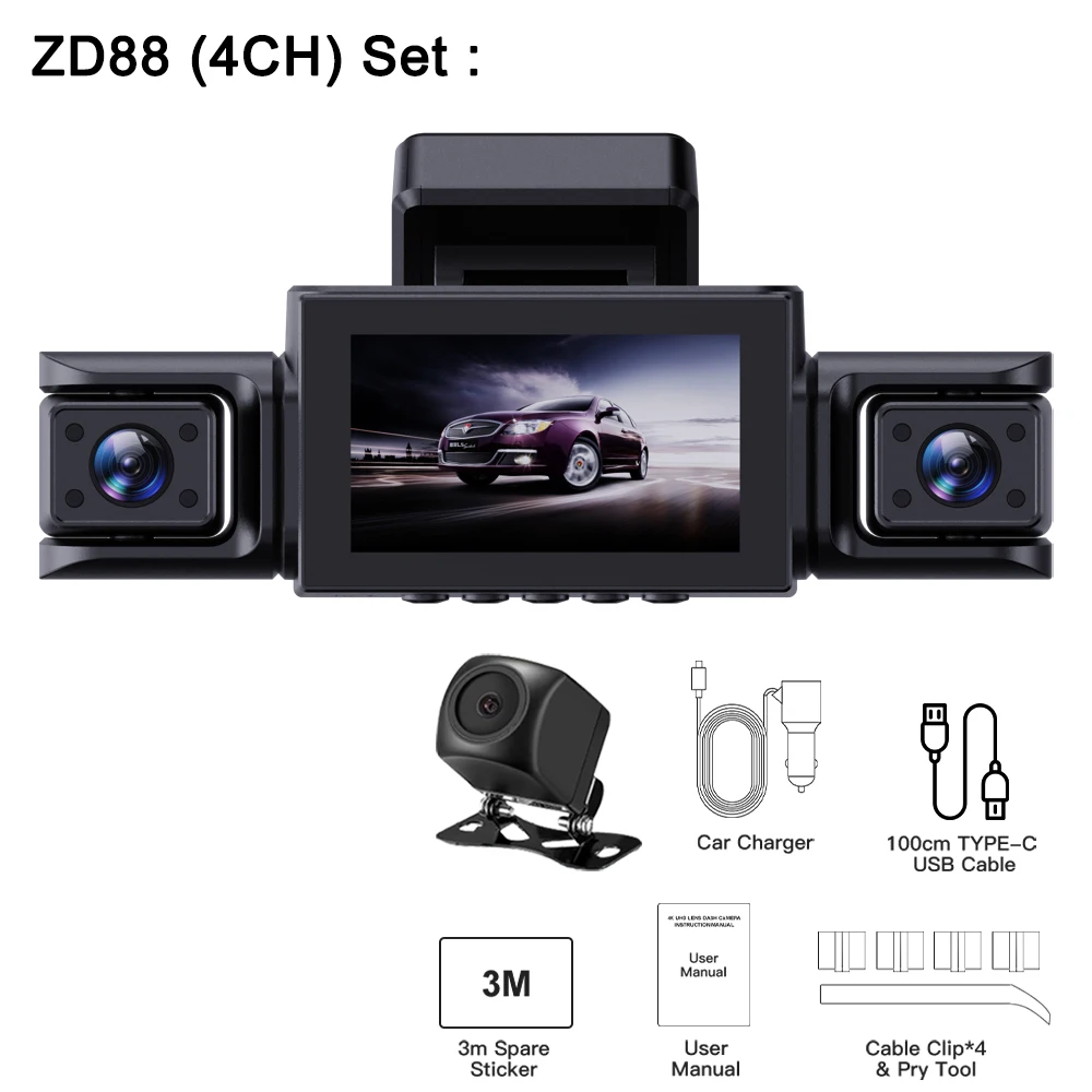 BEPOCAM 4CH Dash Cam 4K voor auto 360 °   Bekijk DVR-camera 24-uurs parkeermodus GPS WiFi- en APP-bediening Videorecorder Nachtzicht ZD88A