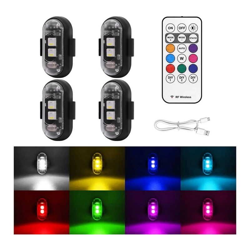 4PCS Wireless LED Strobe Lights With Remote Control, 8 Colors USB Charing Waterproof Emergency Warning Lights