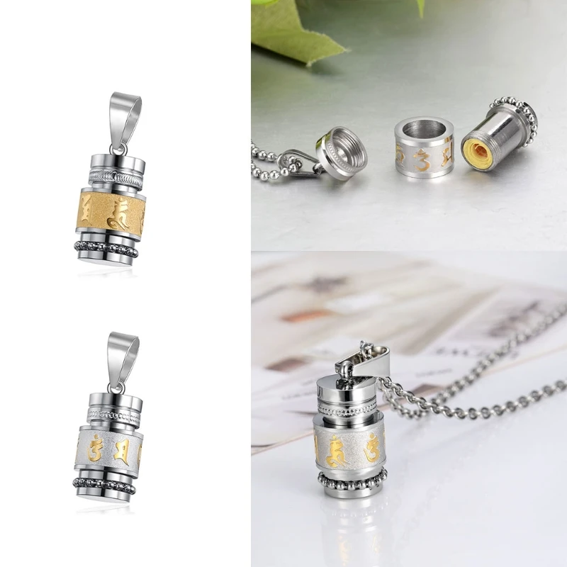 Stainless Steel Buddhism Six Words Rotatable Necklace Women Men Prayer Wheel Bottle Urn Pendant Necklace