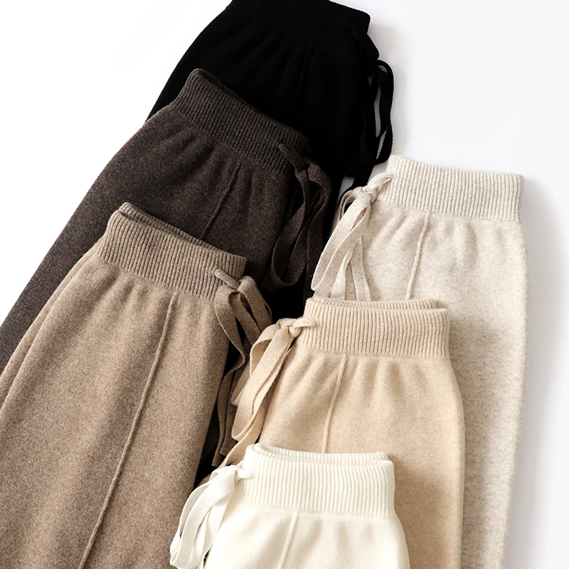 

2023 New Autumn Winter Women 100% Wool Pants Soft Waxy Comfortable High-Waist Knitted Female Cashmere Thicken Wide Leg Pant