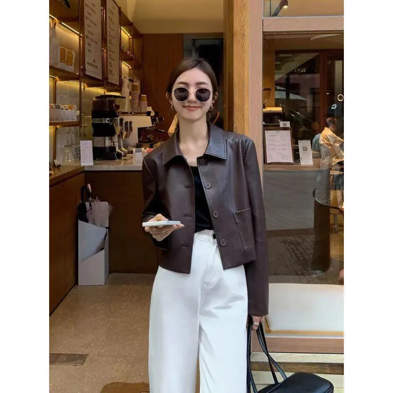 Faionable ort Leather Jaet Dames Sli Casual Retro 2024 Nieuw Model China Made Lange Sve Kraag PU-leer