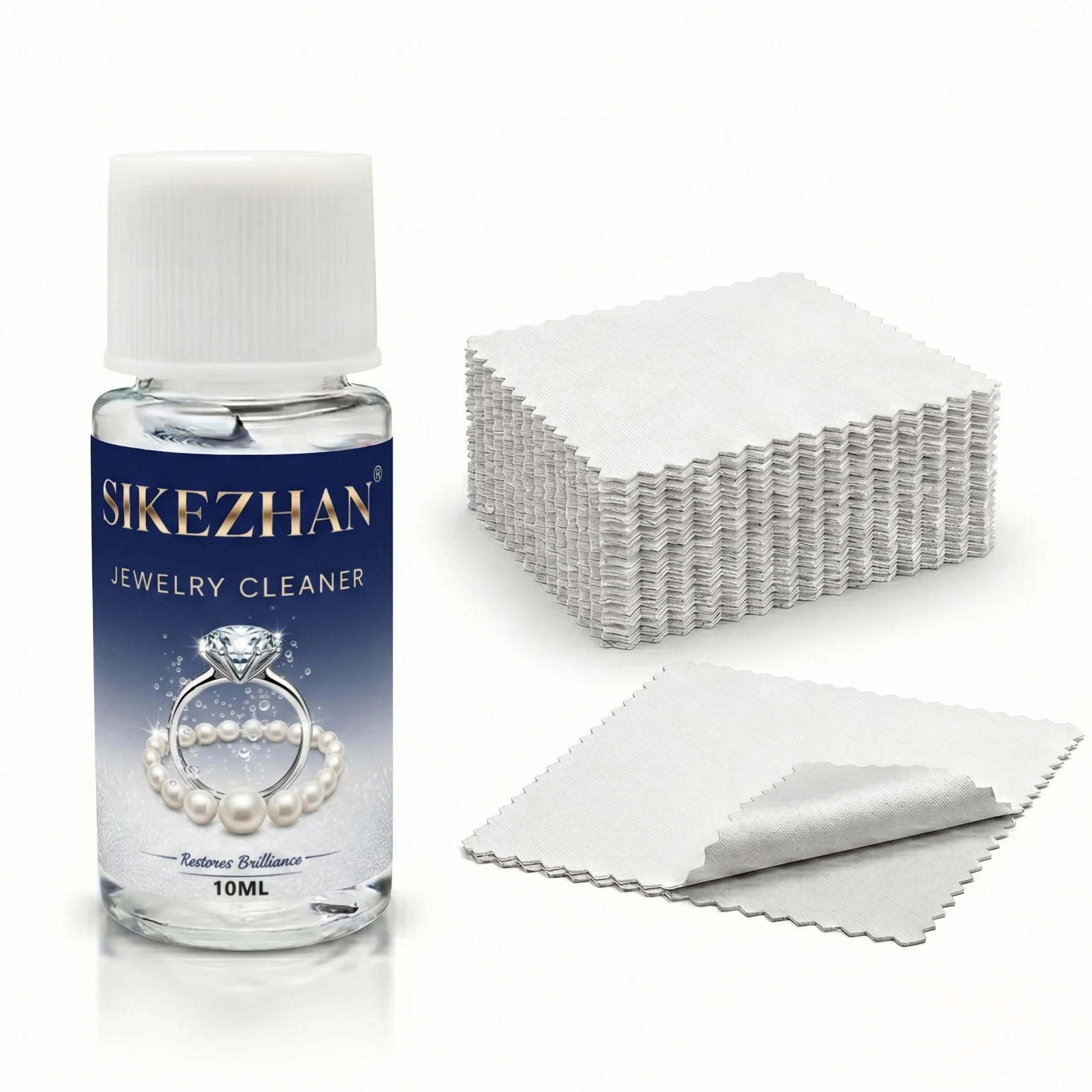 Portable Jewelry Cleaner Kit: 10ml Liquid & 50 White Polishing Cloths. Fast Tarnish Remover for Gold, Silver & Diamond Rings.