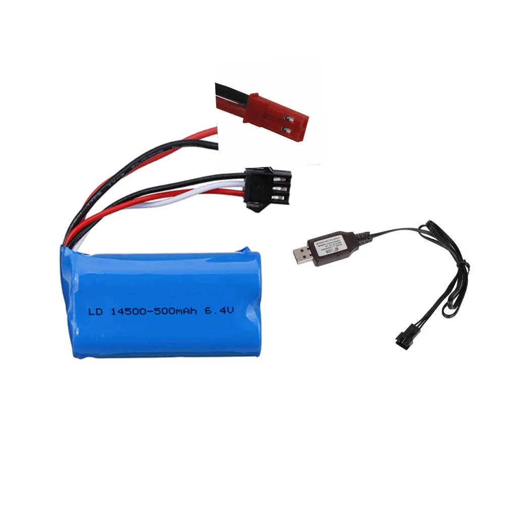 Akumulator litowo-jonowy 6,4 V 500 mAh z ładowarką USB do zabawek RC Wltoys 18401 18402 Samochody Łodzie Części zamienne Akumulator 6,4 V 14500 1