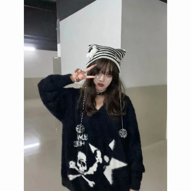 

Студентка High Street Свитер с v-образным вырезом Череп Ленивый Стиль Свободный вязаный свитер