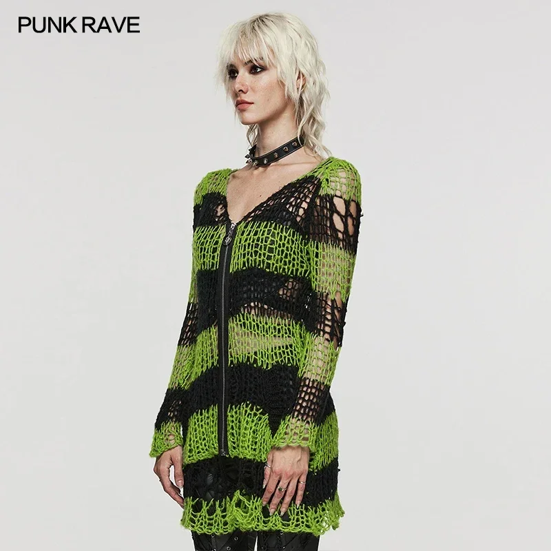 PUNK RAVE Maglione cardigan a righe con fori di personalità irregolari stile punk da donna Moda casual tessuto morbido Woo