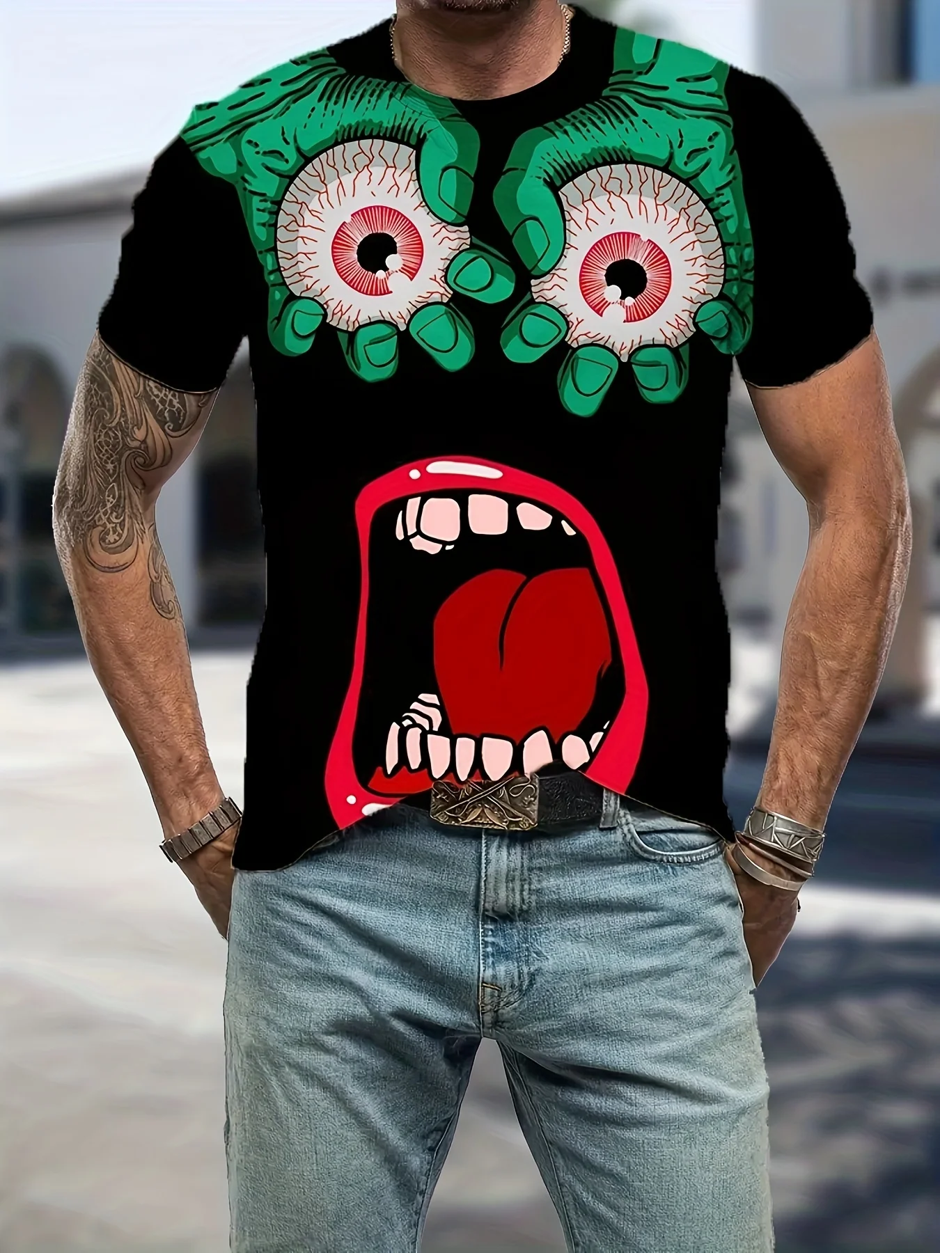 3D Digital Comic Style Eyeballs, Hands And Mouth Pattern Print Crew Neck And Short Sleeve T-shirt For Summer Outdoors Wear