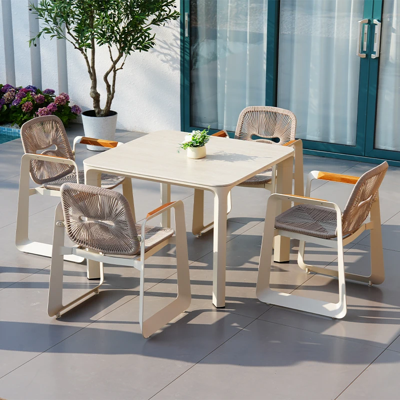 &y  Luxury Aluminum Outdoor Furniture Modern Patio Garden Dining Table Rope Chairs Waterproof Cushions Eco-Friendly