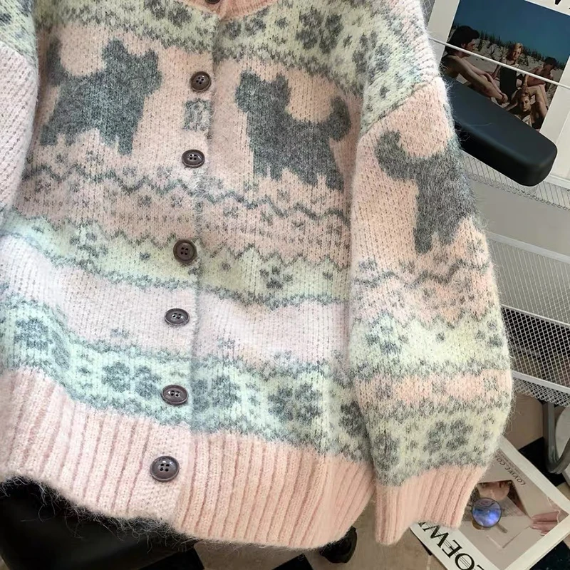 MEXZT Kawaii Roze Gebreid Vest Vrouwen Harajuku Cartoon Print Trui Outerwears Koreaanse Knitwears Winter Mode Leuke Jumpers