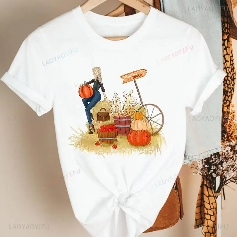 Cute Pumpkin Spice Halloween Fall Autumn Thanksgiving Cartoon Kawaii Fashion Women Clothes Cotton Tee Top Female Graphic T-shirt