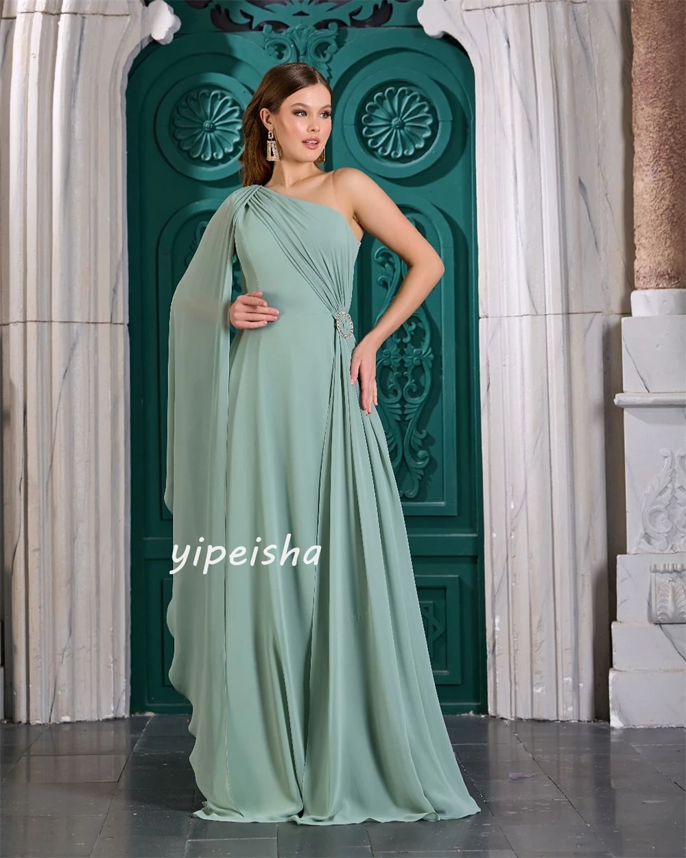 Saudi Arabia Prom Dress Evening Chiffon Draped Rhinestone Party A-line One-shoulder Bespoke Occasion Gown Long Dresses