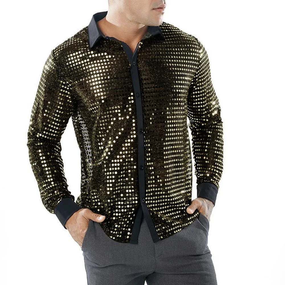 

Gold M-2XL Polyester Regular Retro 70s Disco Sequins Shirt Sparkly Stylish Brand New Dance Fashion Long Sleeve Mens