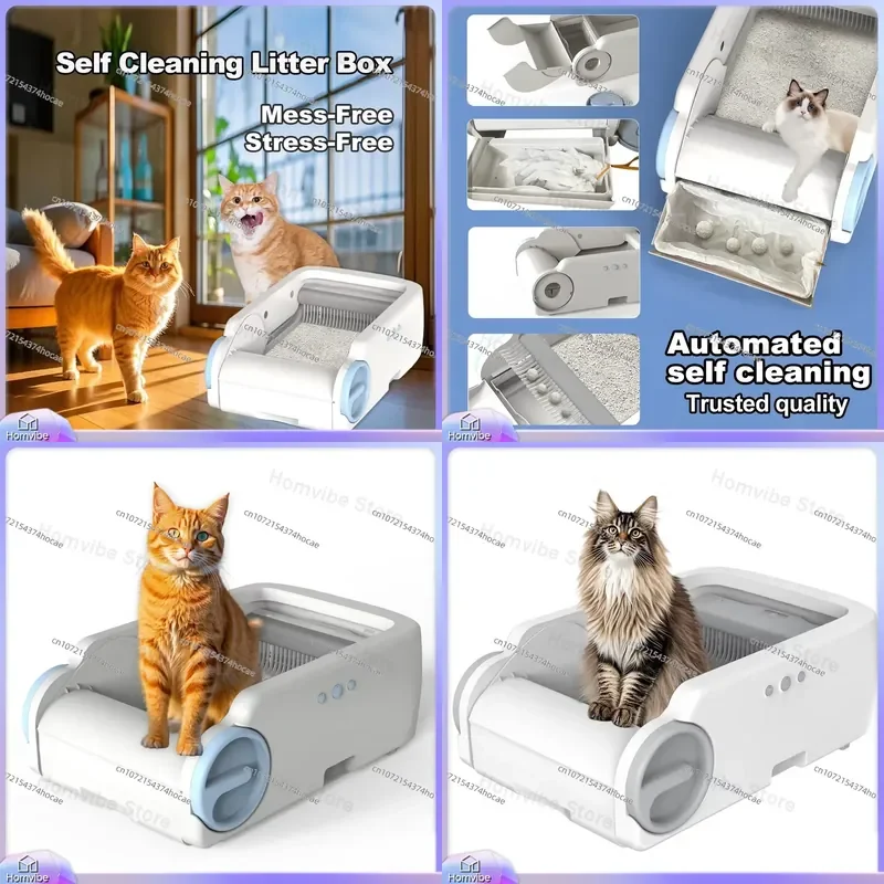 Smart Cat Litter Box with Stainless Steel Base Fully Automatic WiFi Enabled Self Cleaning Tray for Pets Home Use