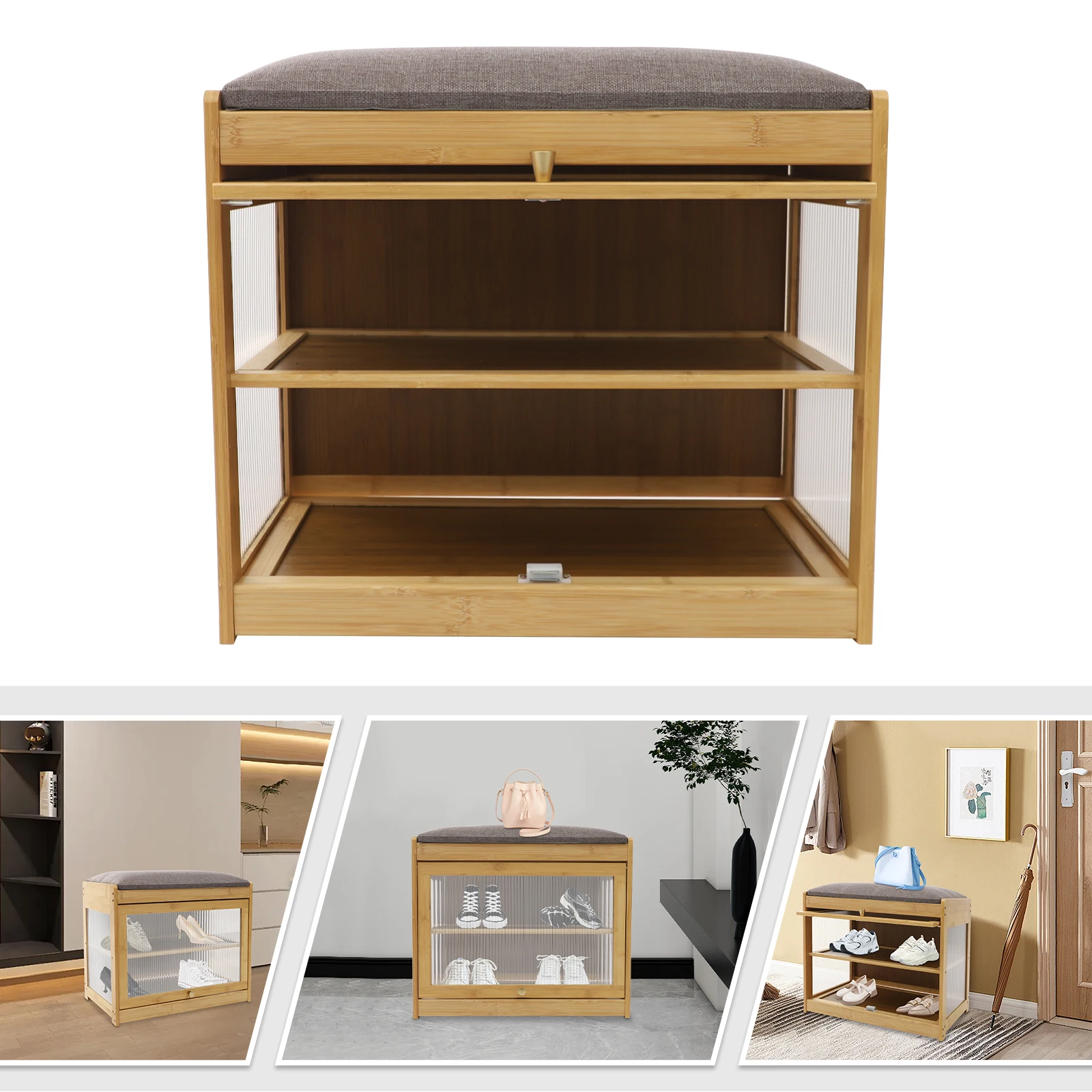 

Банкетка для обуви в прихожую, цвет под дерево, с подушкой, 2-уровневая полка для хранения, нагрузка до 75 кг, 50x32x44 см, акриловая дверца и магнитные петли