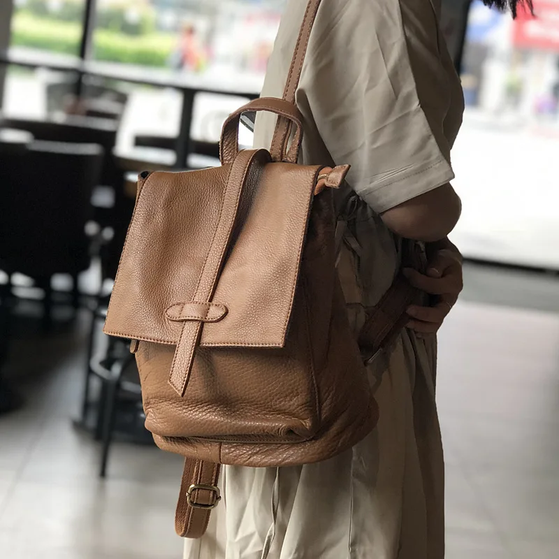 First layer cowhide backpack women's retro leather backpack simple leisure travel bag soft leather literary handmade bag
