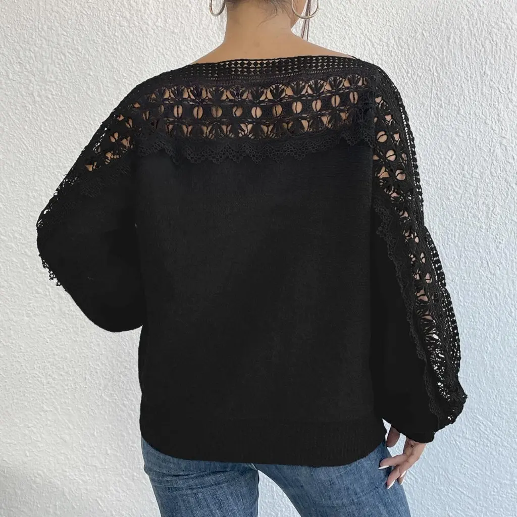 

Lace Stitching Shoulder French Style Pullover Sweater Hollow Embroidered European American New Women's Fashion Top
