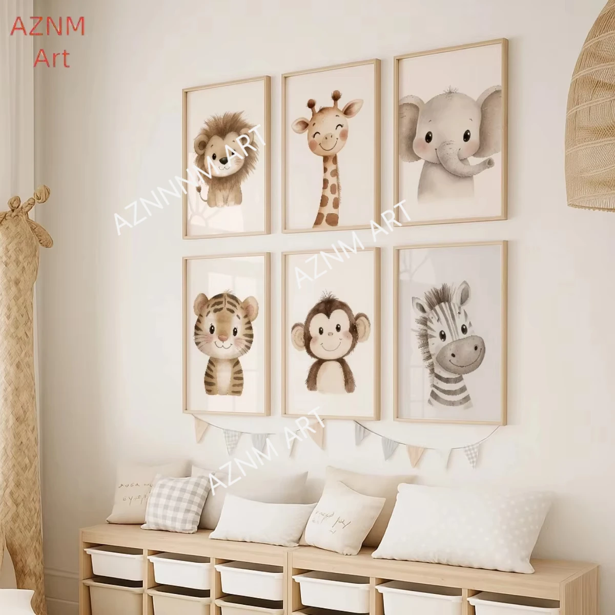 6-teiliges Set Cartoon Niedliche Tier-Leinwanddrucke Moderne Dschungel-Löwen Giraffen Elefanten Affen Tiger Zebra Kunstdrucke Kinderzimmer Heim-Dekoration