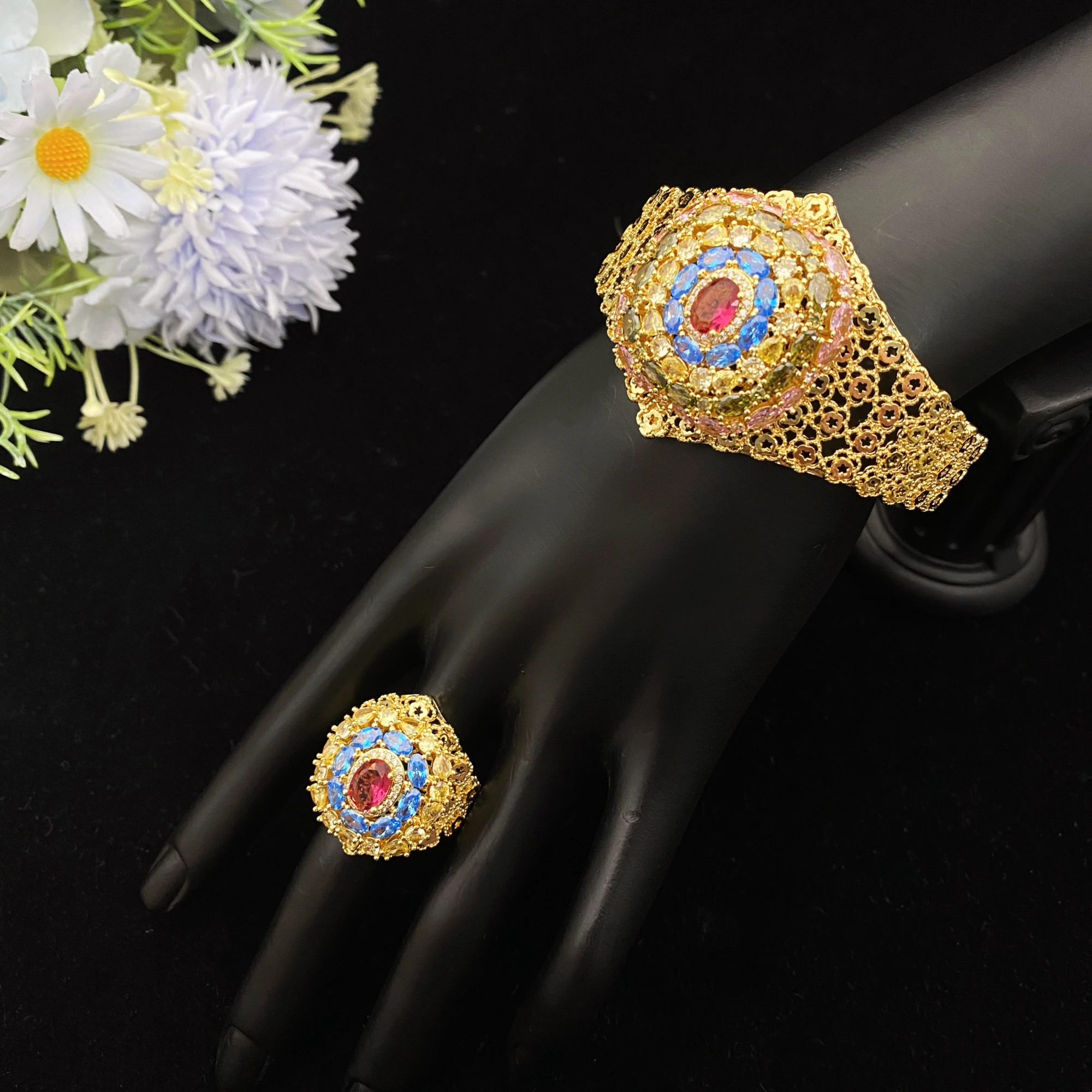 

JRH Африка Дубай Стиль Позолоченный браслет с кубическим цирконием Набор колец 2 шт. для женщин Ежедневные ювелирные изделия Подарок