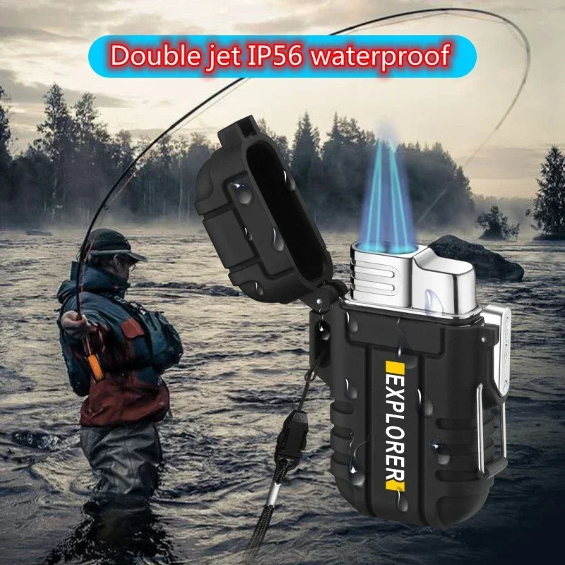 Waterproof Jet Lighter PortableOutdoor Flashlight Butane Turbo Cigar Lighter Smoke Survival Tool Windproof Camping