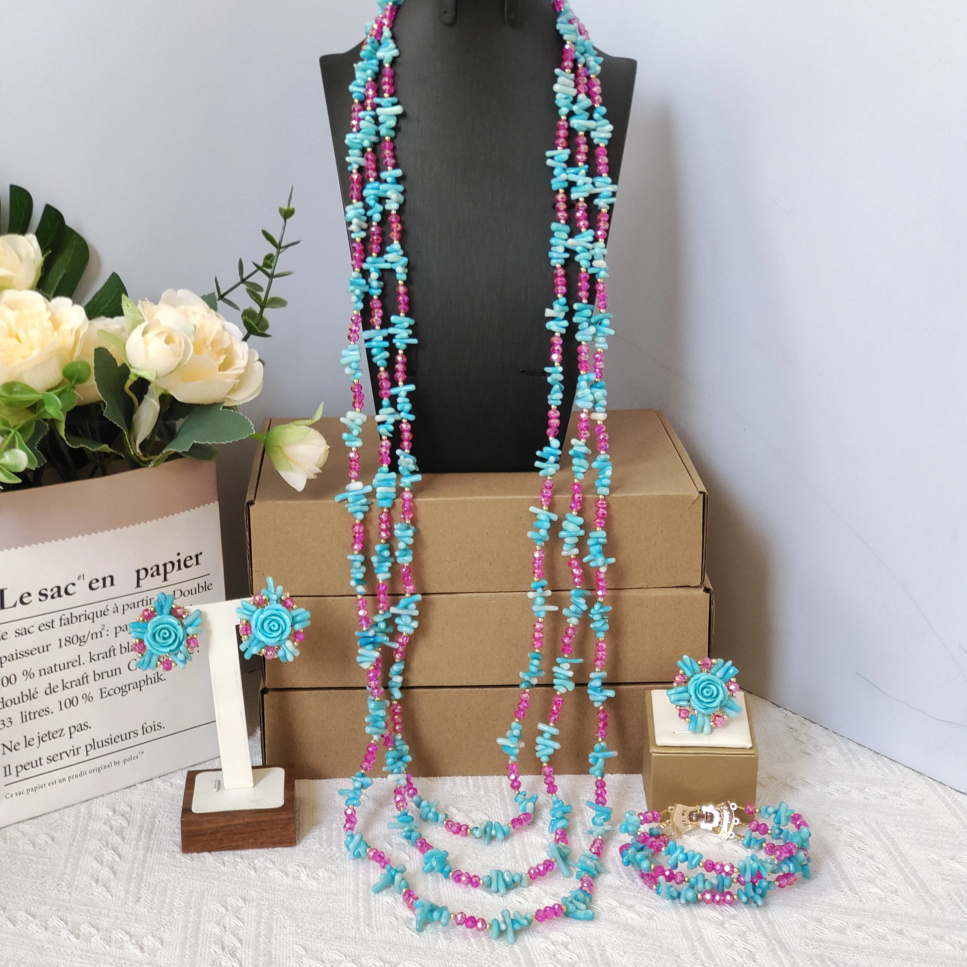 

lake blue coral beads and fuchisa pink crystal beads african jewelry set long 40inches necklace