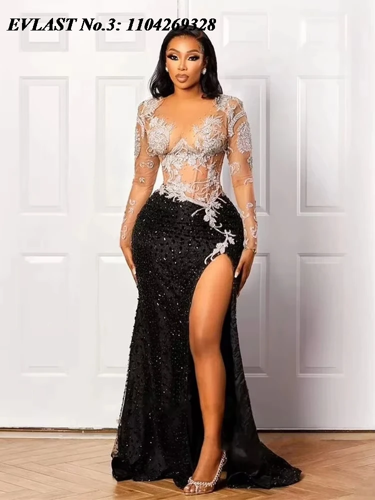 EVLAST 맞춤형 사우디 아라비아 블랙 댄스 파티 드레스 다이아몬드 크리스탈 페르시 레이스 하이 슬릿 아프리카 이브닝 가운 Robe De Soirée E3P491