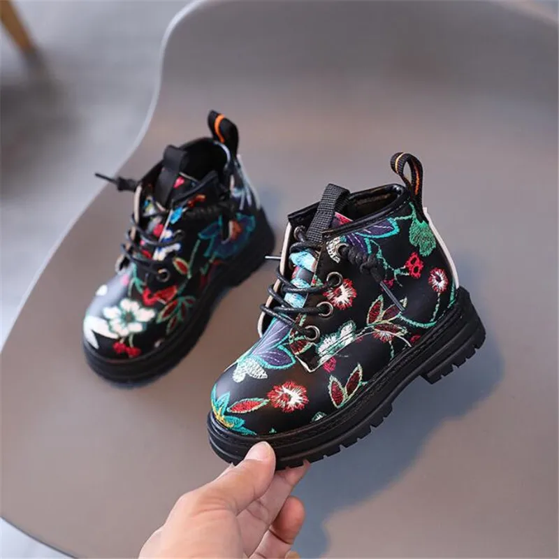 Print Children Black Boots Lace Up Leather Kids Shoes Fashion Boy Girl Short Boots