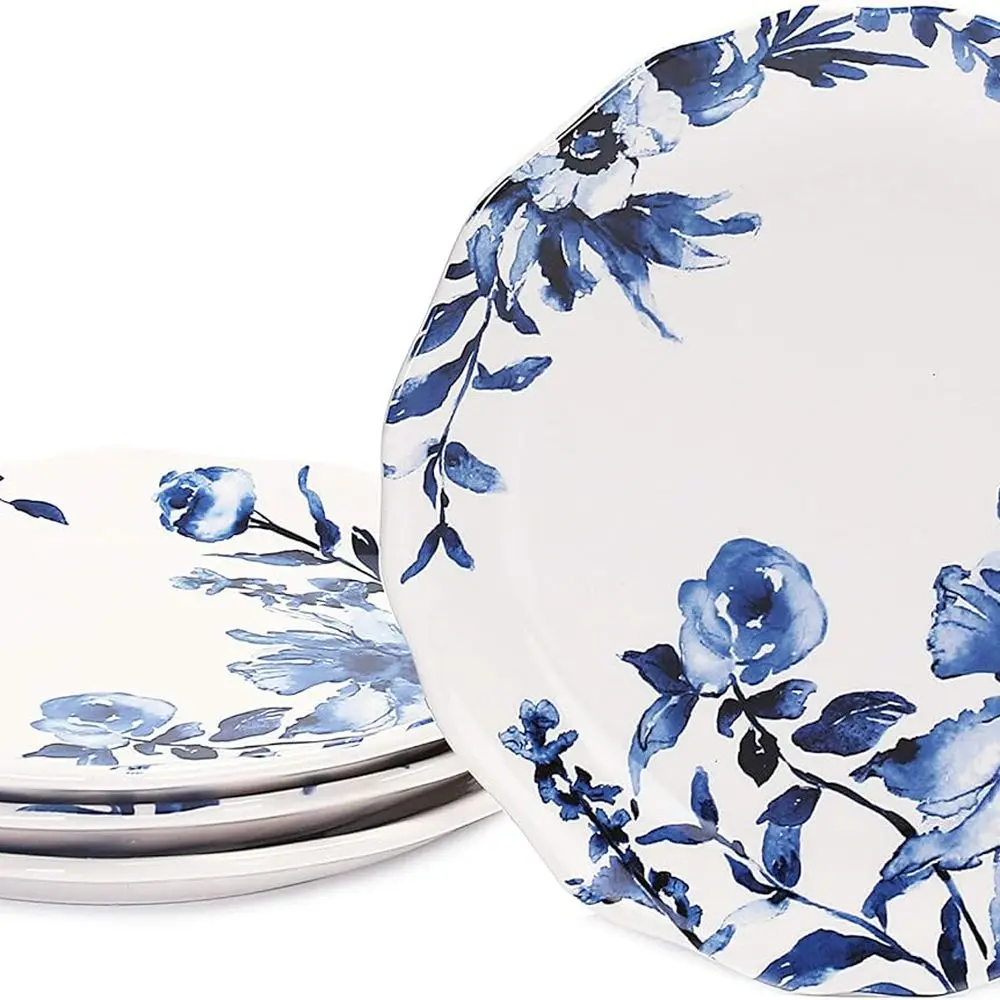 

Watercolor Blue Flower Ceramic 8.75 inch Scalloped Salad Plates, Set of 4, for Salad, Appetizer, Microwave & Dishwasher Safe
