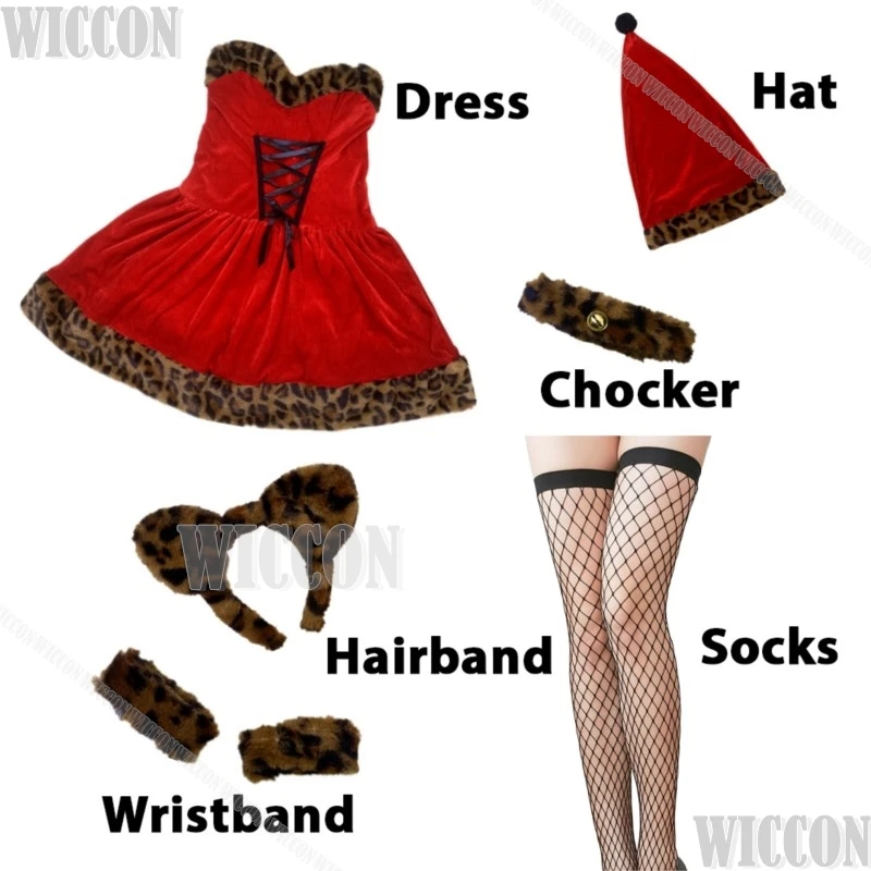 2024 Boże Narodzenie Leopard Print Sexy Red Dress Cosplay Costume Suit Hat Socks Furry Cute Women Girl Halloween Role Play Customized