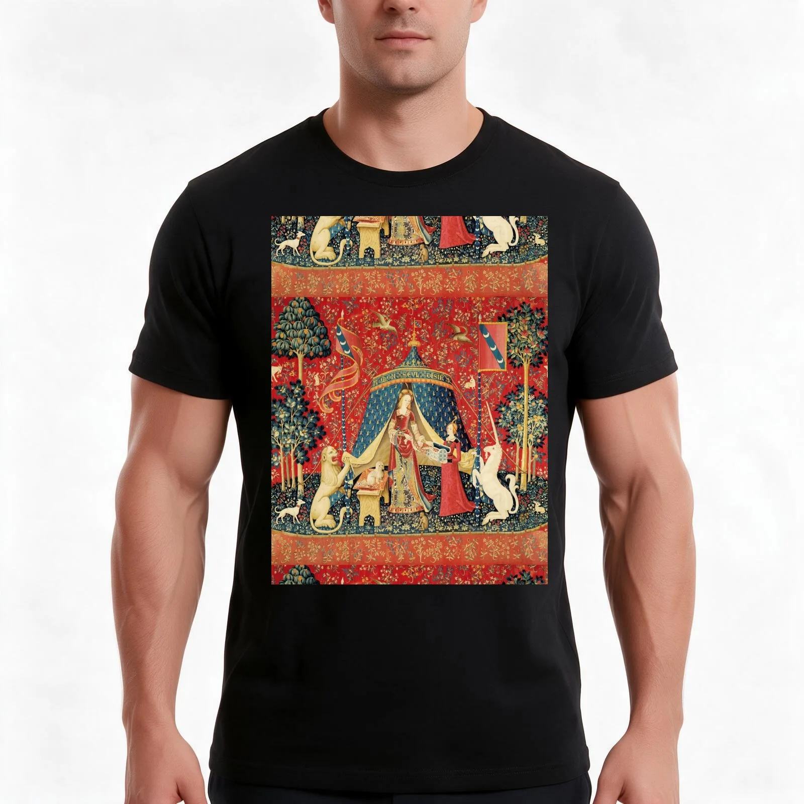LADY AND THE UNICORN DESIRE ,Lion,Fantasy Flowers,Animals,Red Green Floral Tapestry T-Shirt Summer Casual Cotton Tee