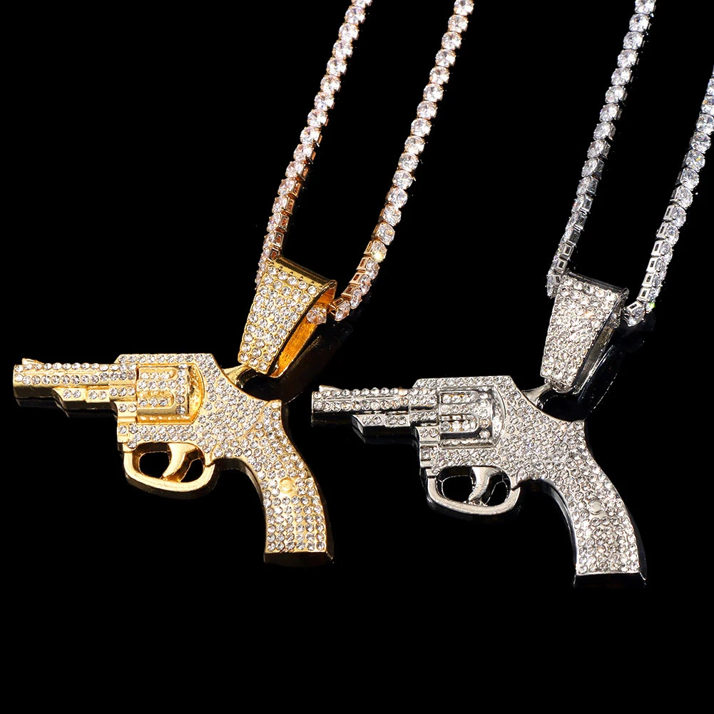 Punk Hip Hop Micro Pave Pistol Pendant Necklace For Men Women Iced Out Bling Gun Necklaces Tennis Rope Cuban Chain Trend Jewelry view 5