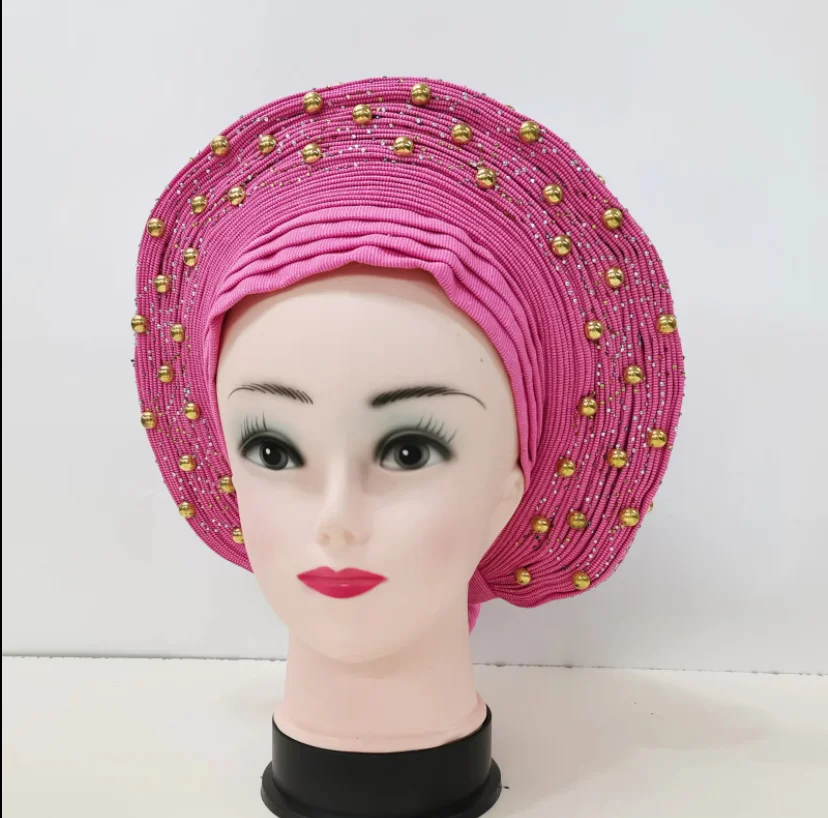 lack African Auto Gele Aso Oke Headties With Flower Stones Beads Muslim Turban Caps Nigerian Wedding Gele Ready to Wear