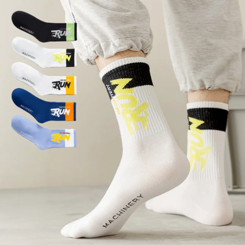 

1/5/10 Pairs Men's All Season Mid-Calf Cotton Athletic Socks Breathable Basketball Letter Jacquard Color Block Size EU 38-45