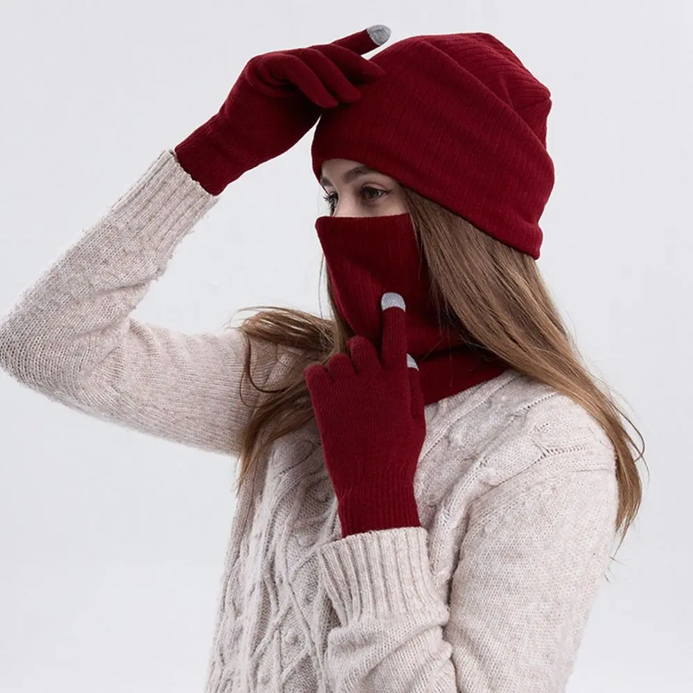 3Pcs/Set Winter Warm Knitted Hat Scarf Touchscreen Gloves Set Outdoor Riding Hat Beanies Neck Protection Scarf Cap