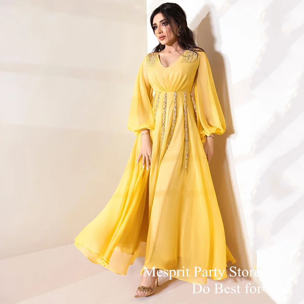 

Yellow Chiffon Lady Evening Dress V Neck Puff Sleeves Beading Sequined A Line Party Gown Woman Saudi Arabic Formal Dresses