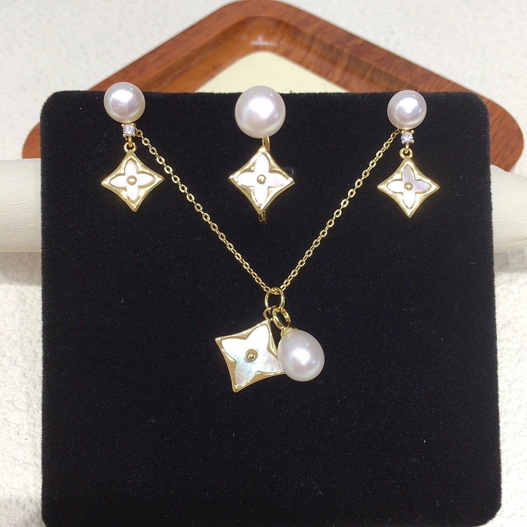 Freshwater Pearl Jewelry Set with Cowrie Shell Four-Leaf Clover - Diamond Accented Earrings Rings Pendants Classic Birthday Gift view 6