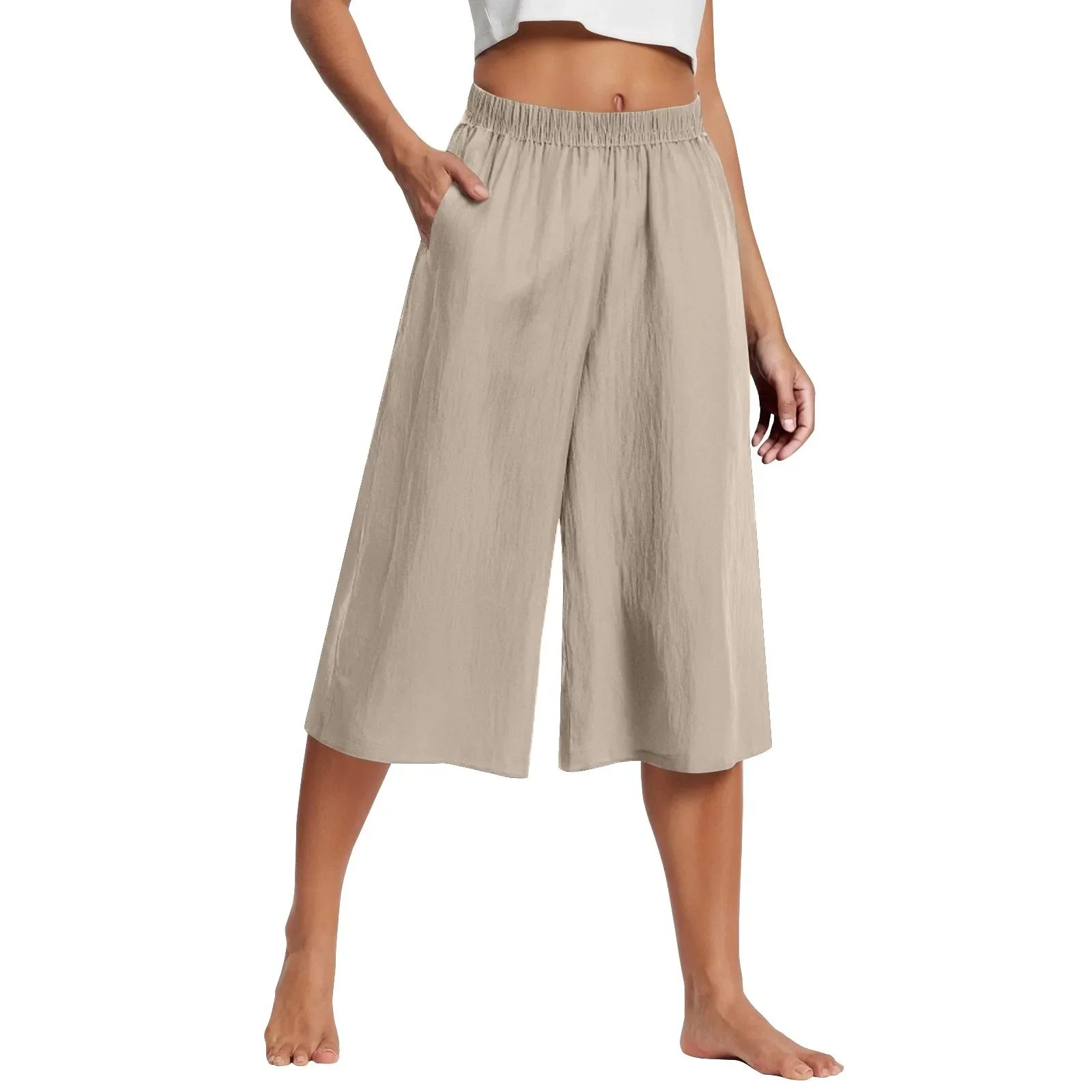 Feamle Casual and Versatile Lazy Style Wide Leg Pants With Pockets Lightweight High Waisted Loose Cropped Capris
