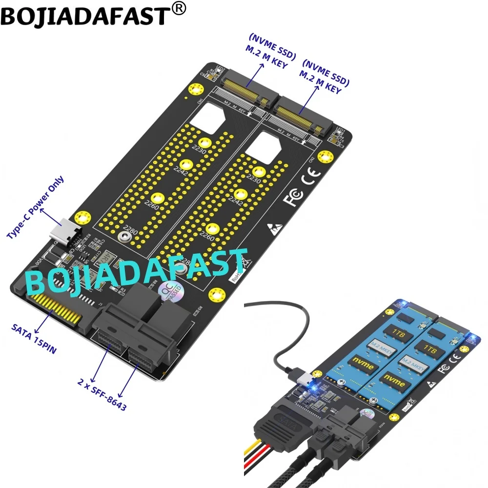 

Двойной порт Mini SAS SFF-8643 Connector to 2 * M.2 NGFF Key-M 2230 2242 2260 M2 NVME SSD конвертер адаптер карта