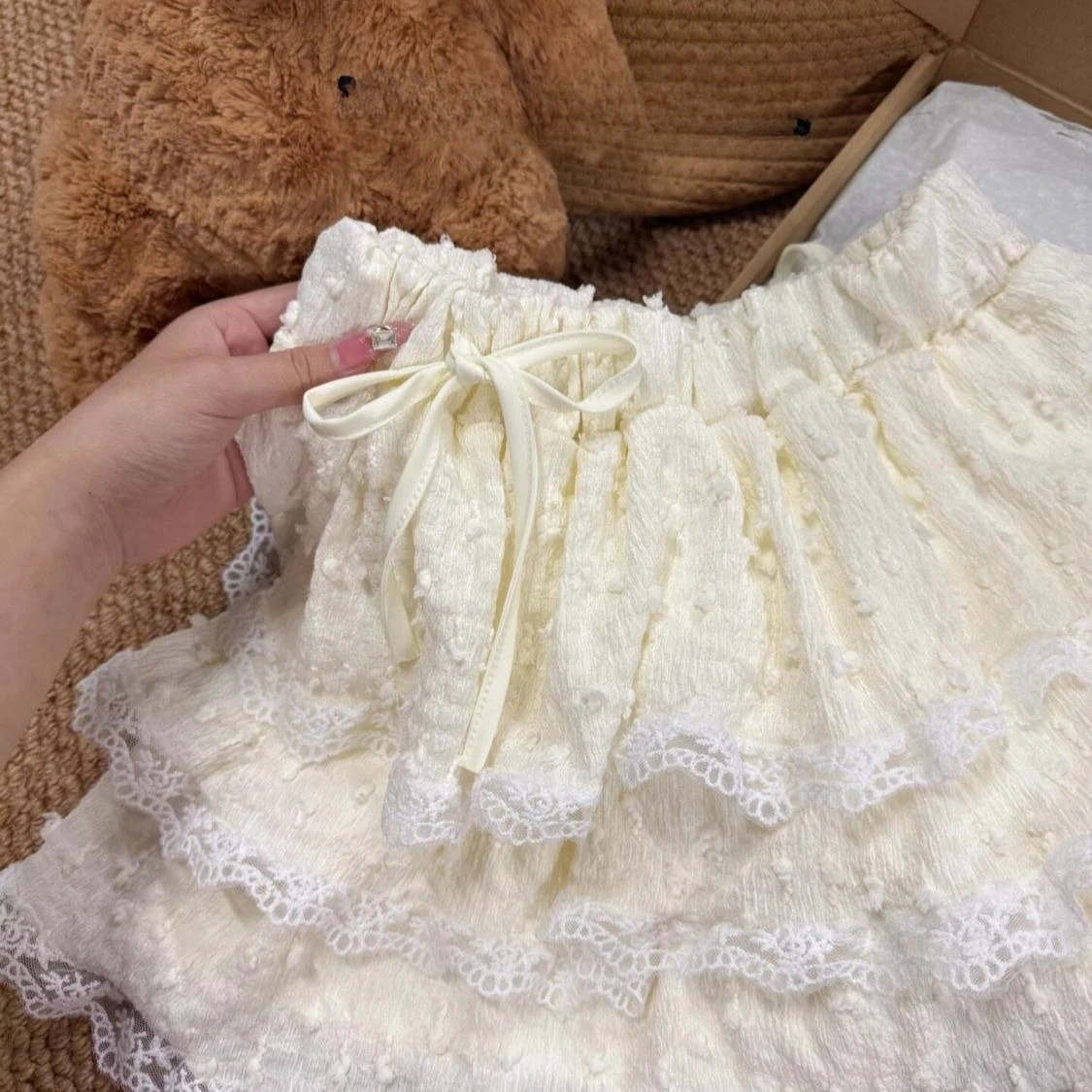 Sweet Lace Ruffle กระโปรงมินิกระโปรงผู้หญิงสูงเอวเอวยางยืดพัฟกระโปรงสั้นนุ่มจีบกระโปรงน่ารักสไตล์ฤดูร้อน