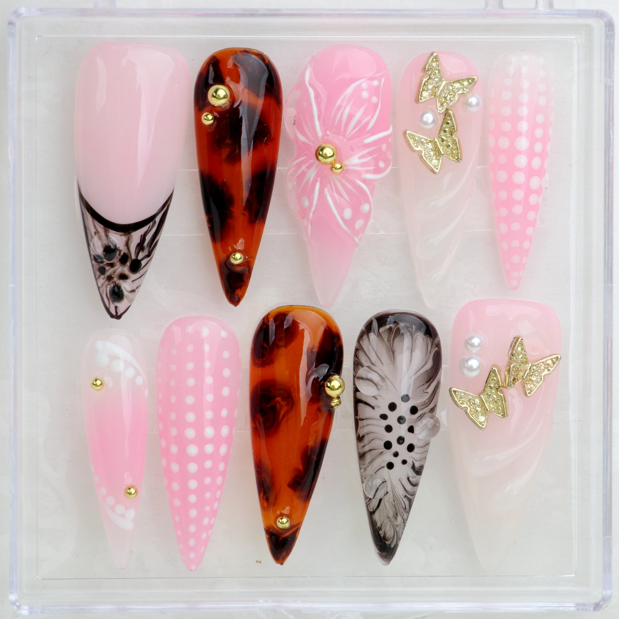 10Pcs Pink 3D Gel Butterfly Custom Handpainted Acrylic False Dreamy Nail for Birthday Vacation Holiday Gift for Her Floral Nails