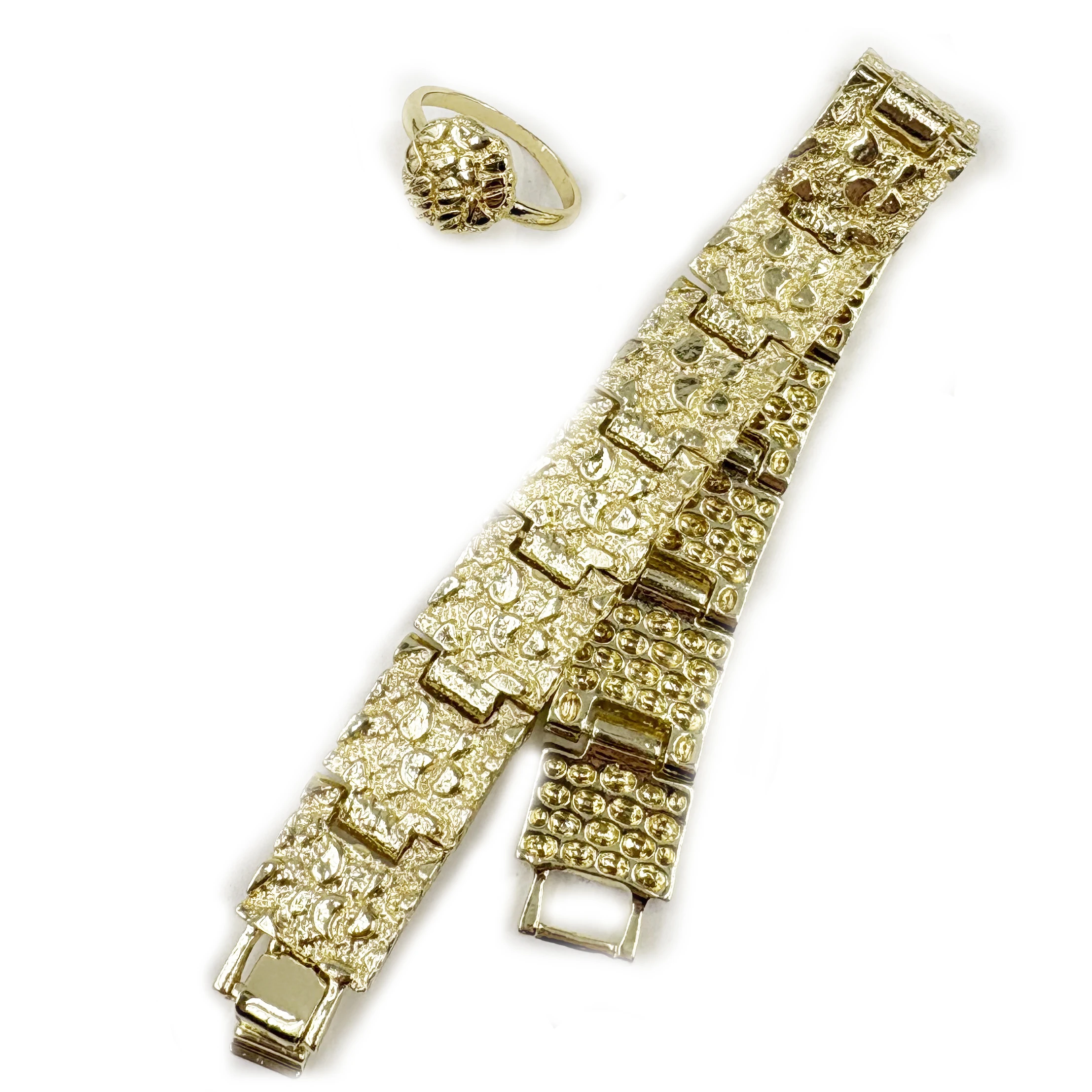 

Unisex 15mm Wide Big Size Nugget Bracelet with Coin Ring Hip Hop Jewelry Set 14K Gold Plated for Women And Men