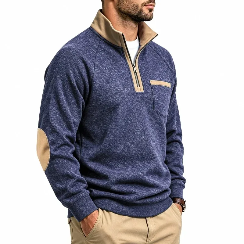 Men's Autumn and Winter One-Piece Fleece-Lined Heavy Half-Zip Stand Collar Cationic Patch Casual Loose Long-Sleeve Sweatshirt
