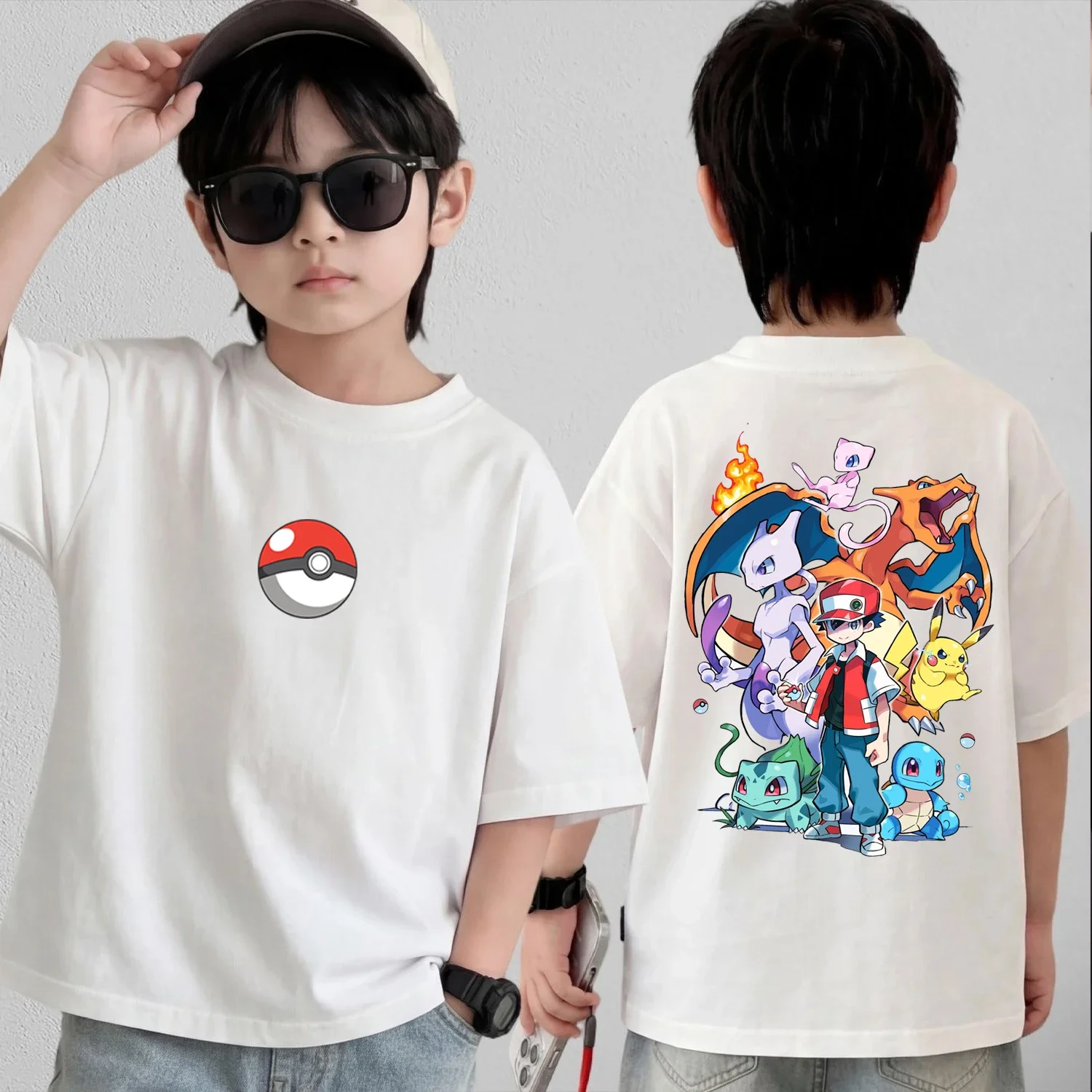 Summer Anime Pokémon Cosplay T-Shirt Cotton Short Sleeve Tops Casual Loose Retro T-Shirt Men Women Kids Family Matching Outfits