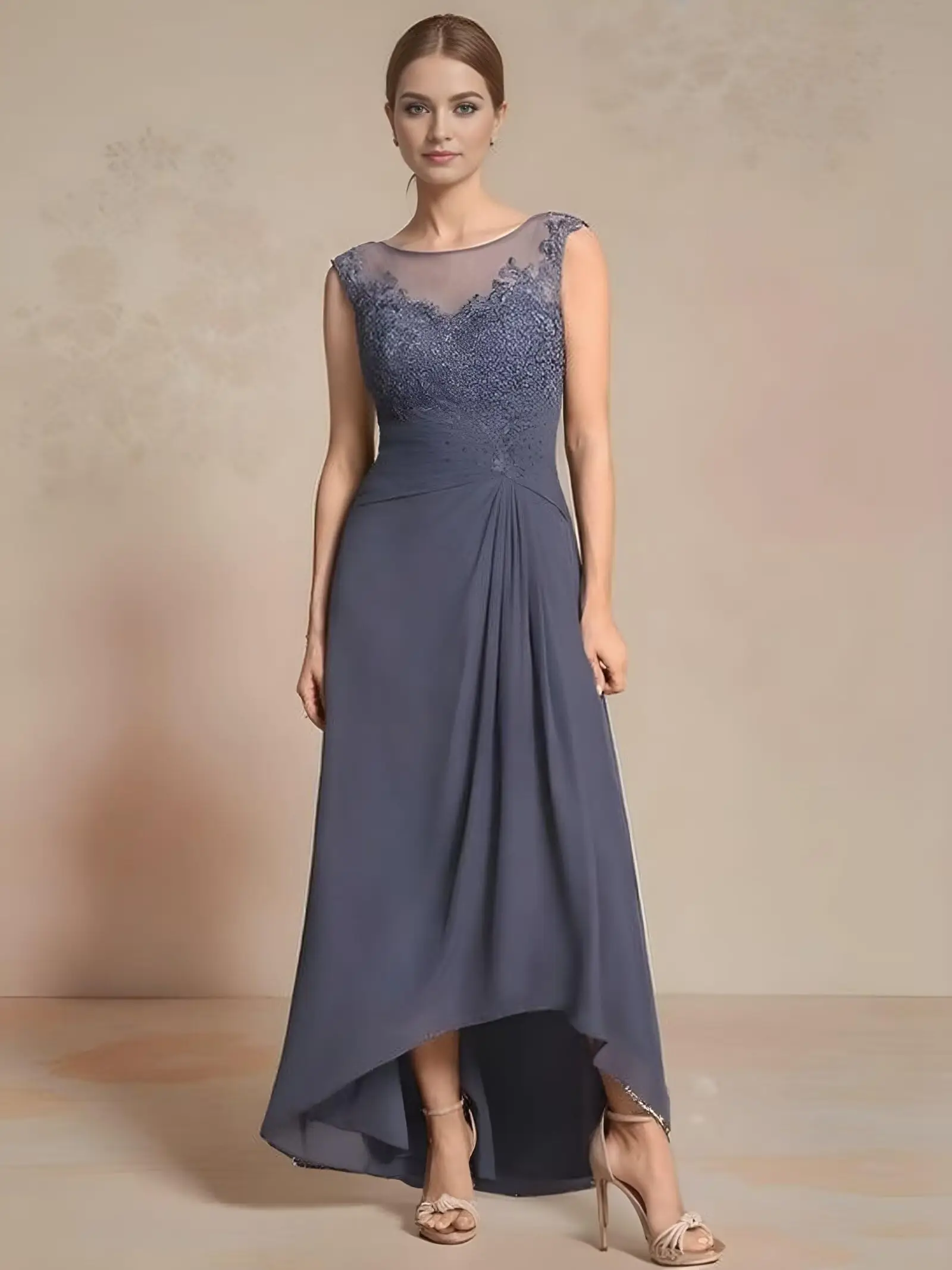 

Mother of The Bride Dresses with Chiffon Sleeveless Lace Print A-line Pleated Floor Length Formal Dress