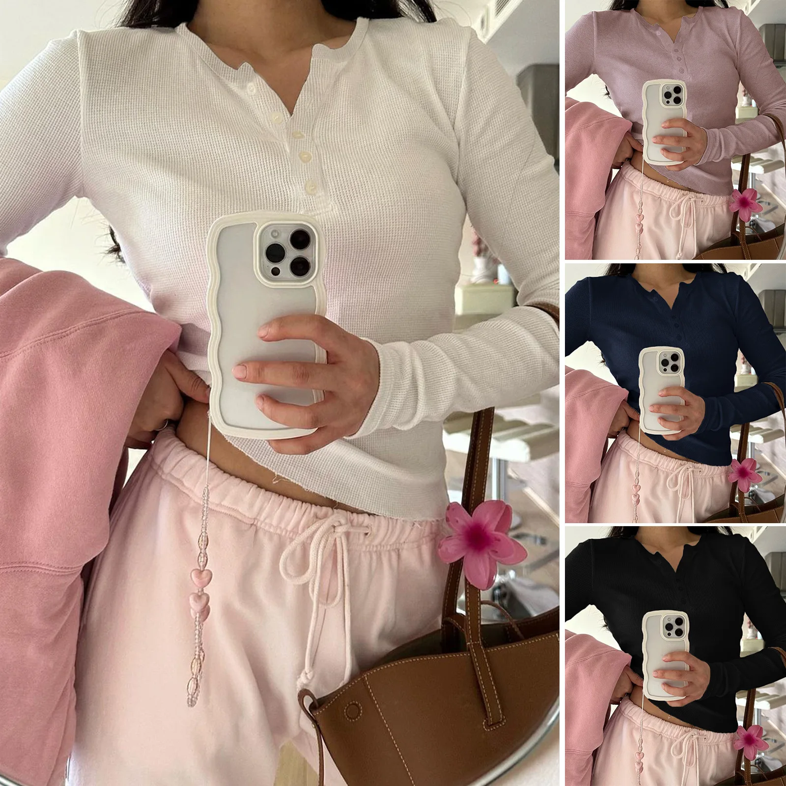 Women's Knitted Undershirt 2025 Spring Summer Casual Solid Color Ladies Long Sleeve Tops V-neck Button Women's Bottoming Shirt